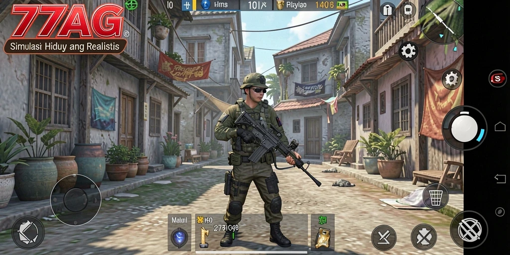 Tampilan gameplay 77AG dengan berbagai aktivitas simulasi.