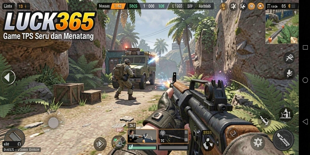 Screenshot LUCK365 menampilkan aksi intens dalam gameplay TPS.