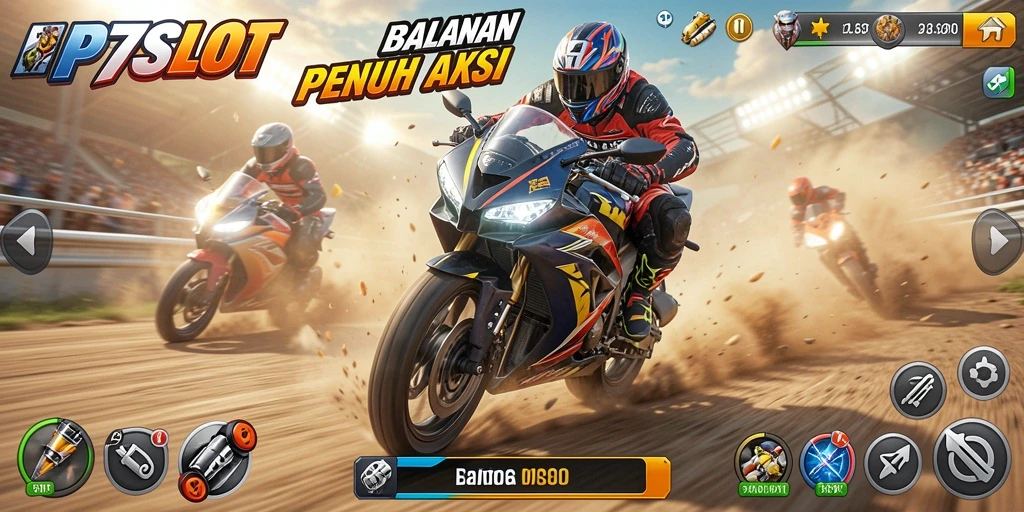 Tampilan gameplay PP7SLOT dengan aksi balapan motor yang seru.