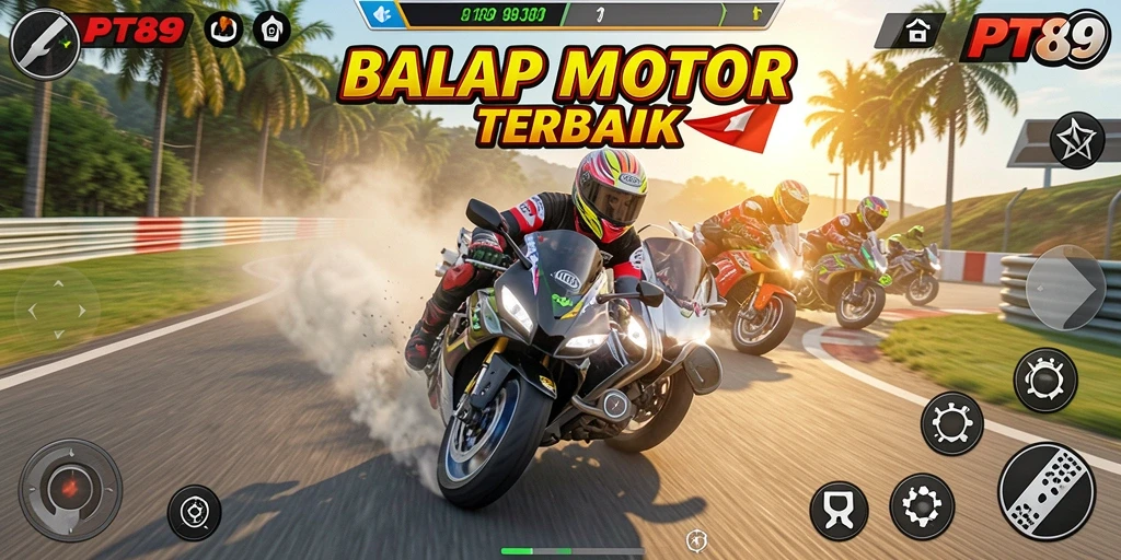 Screenshot gameplay PT89 dengan aksi balap motor yang mendebarkan.